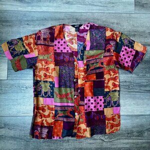 Options Melrose Silk Shirt Button Up Work Office Tiger Lion Design Vintage